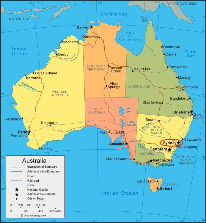 Sydney op de kaart van Australië